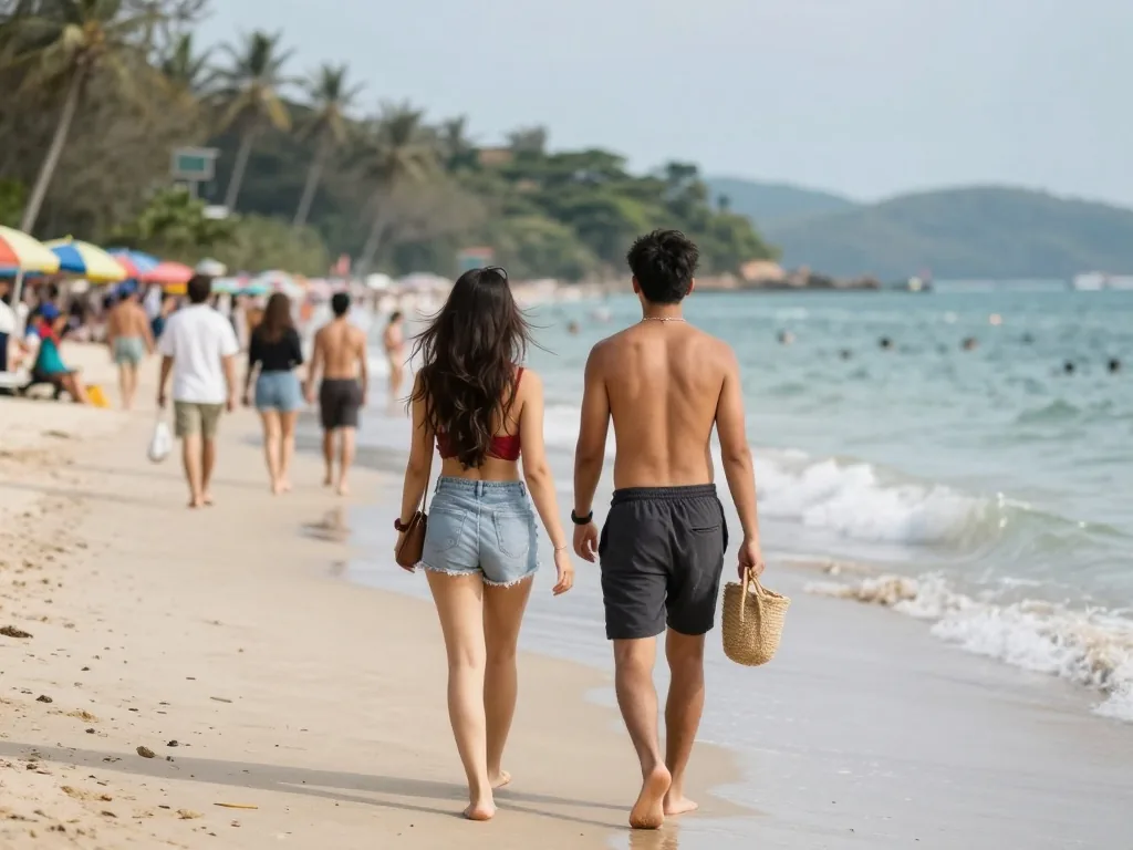 Couple walking along a tropical beach