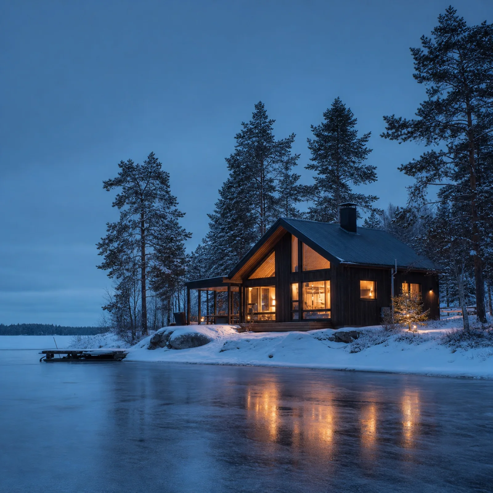 Snowy cabin in blue evening light before editing
