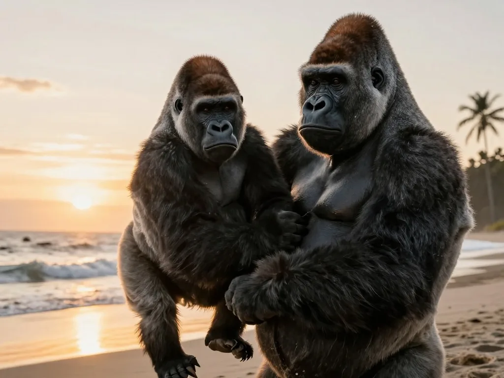 Two gorillas on a beach at sunset generated with Loccra