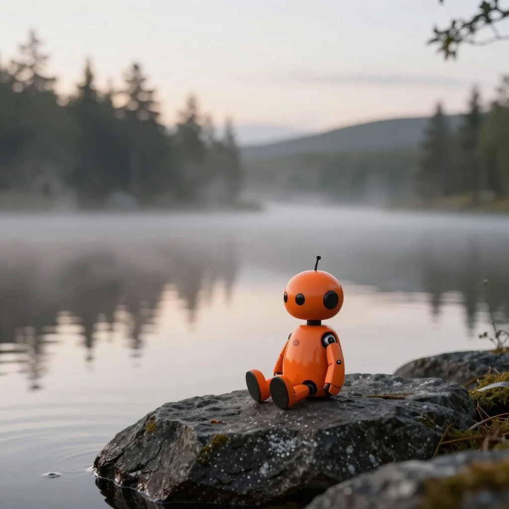 Orange robot by a Scandinavian lake generated locally in Loccra