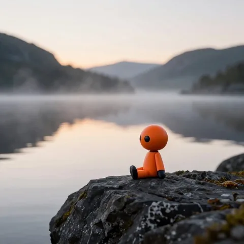 Orange robot overlooking a misty Scandinavian lake